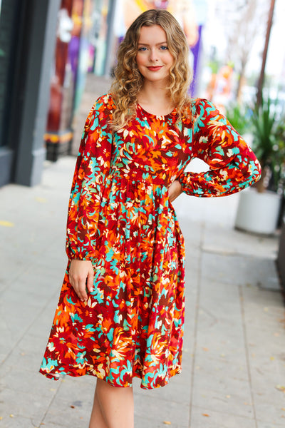 Burgundy & Jade Floral Print Midi Dress