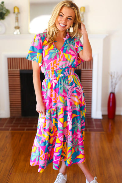 Tropical Trance Fuchsia Floral Smocked Waist Maxi Dress