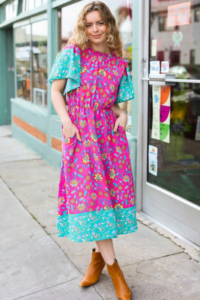 Charming Fuchsia & Mint Floral Frill Mock Neck Flutter Sleeve Midi Dress