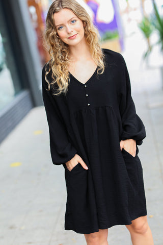 Black Woven Waffle V Neck Babydoll Dress