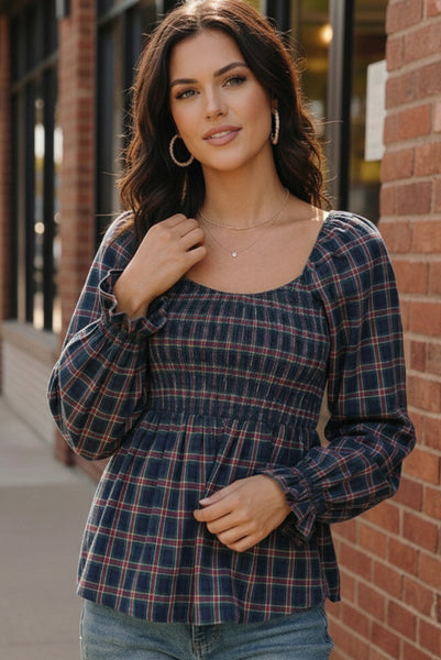 Sweetheart Smocked Navy Plaid Top