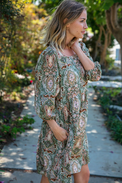 Olive Boho Paisley Woven Bubble Sleeve Midi Dress