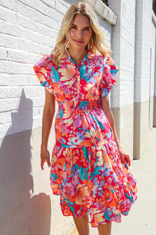 Can't Look Away Coral Flutter Sleeve Smocked Waist Floral Midi Dress