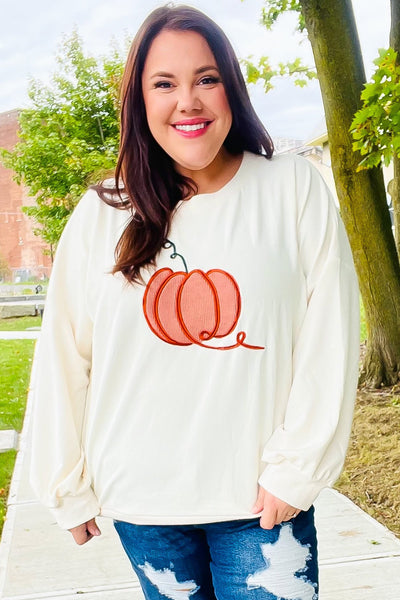 Halloween Lovely Ivory Embroidered Pumpkin Knit Sweater