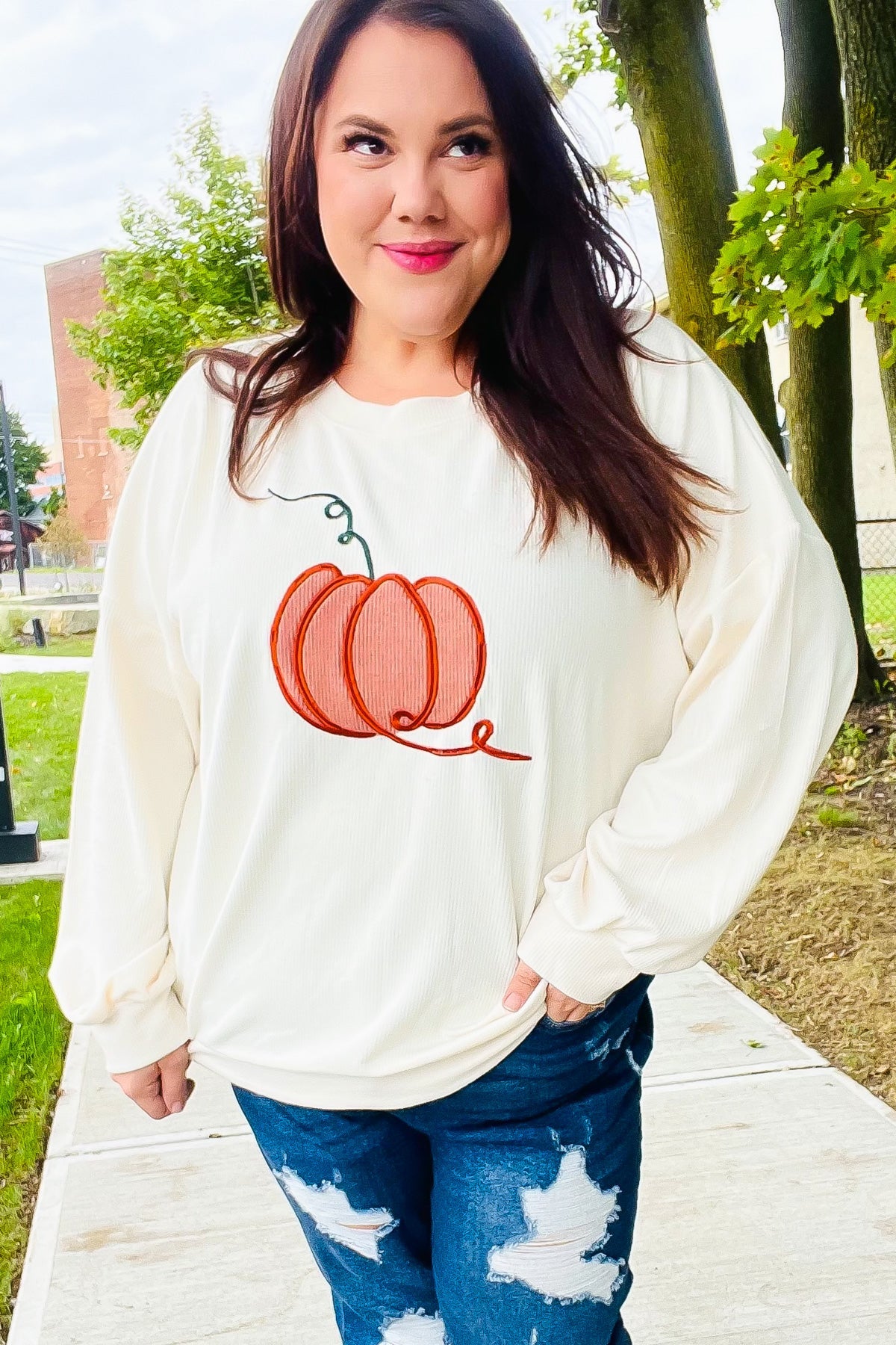 Halloween Lovely Ivory Embroidered Pumpkin Knit Sweater