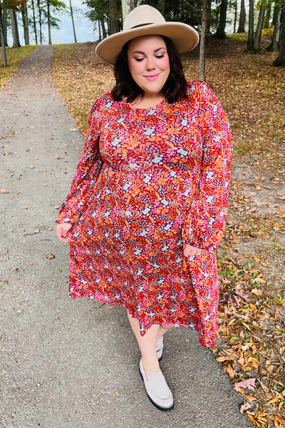 Just For Me Rust Ditzy Floral Fit & Flare Midi Dress