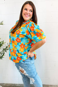 Vacay Ready Blue & Orange Floral Frill Mock Neck Top