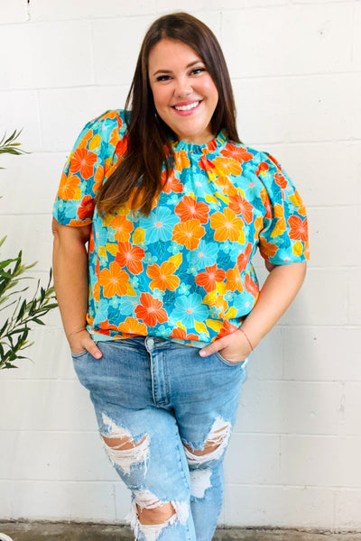 Vacay Ready Blue & Orange Floral Frill Mock Neck Top