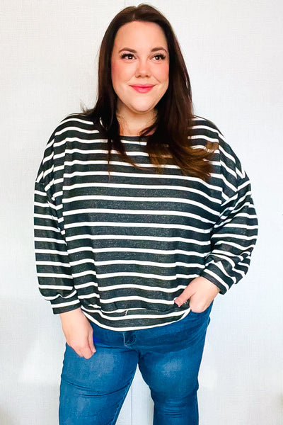 Look Striking Charcoal Stripe Terry Banded Dolman Pullover