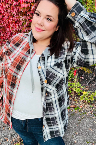 Rust & Charcoal Plaid Colorblock Hoodie Shacket