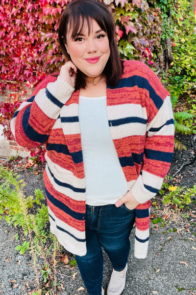 Put Together Rust & Navy Striped Pocketed Cardigan