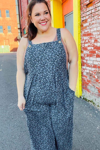 Feeling Femme' Charcoal Floral Print Baggy Overall Jumpsuit