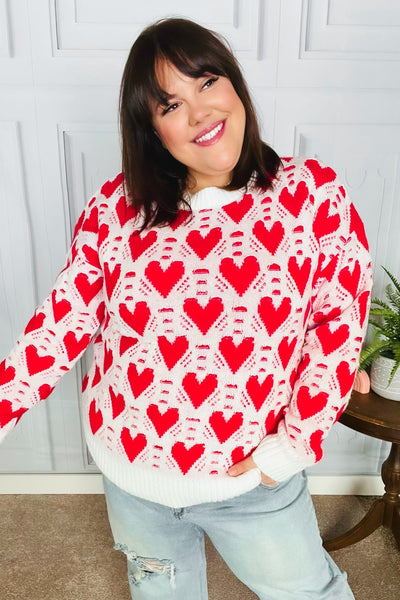 True Hearts Ivory & Red Heart Oversized Sweater