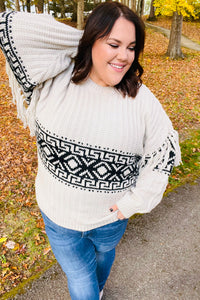 Ready For Anything Taupe & Black Tassel Aztec Sweater