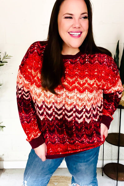 Holiday Vibes Wine Cable Knit Print Hacci Knit Sweater