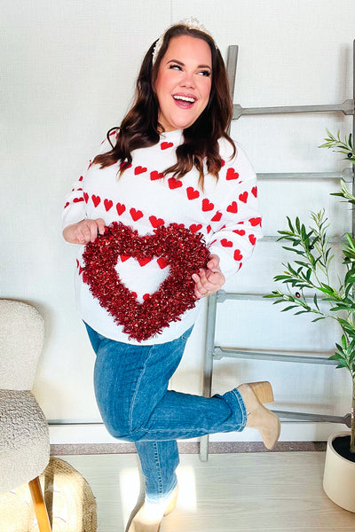 Be Mine White Jacquard Heart Stripe Pullover Sweater