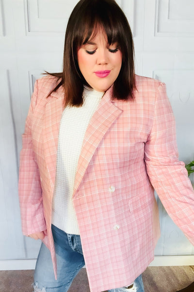 Get To It Pink Plaid Double Breasted Collar Lapel Blazer