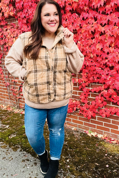 Layer Up Taupe Plaid Snap Button Quilted Puffer Vest