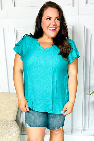 Eyes On You Teal Scalloped V Neck Tulip Sleeve Top