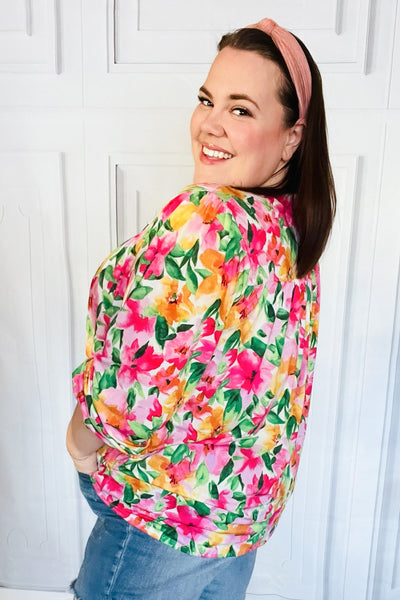 Pretty In Pink Watercolor Floral Yoke Tie Top