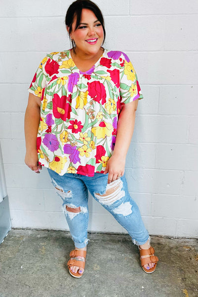 Multicolor Floral V Neck Dolman Top