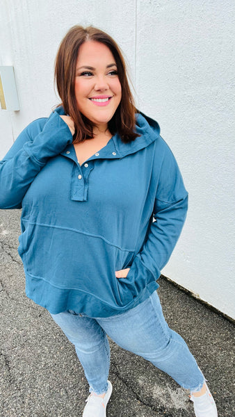 Cozy Up Teal French Terry Snap Button Hoodie