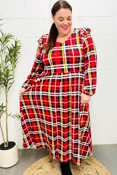 Adorable In Red Plaid Ruffle Detail Fit & Flare Midi Dress