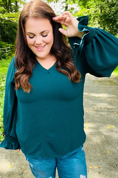 Hello Beautiful Hunter Green Smocked Bubble Sleeve Woven Top