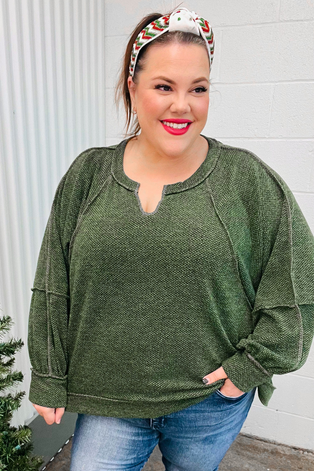 Olive Two Tone Knit Notched Raglan Top