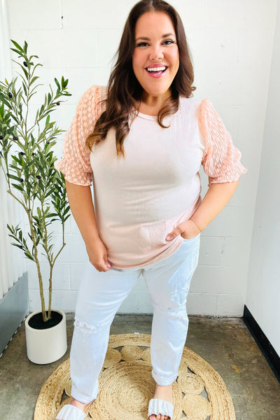 Pretty In Peach French Terry Lace Sleeve Top