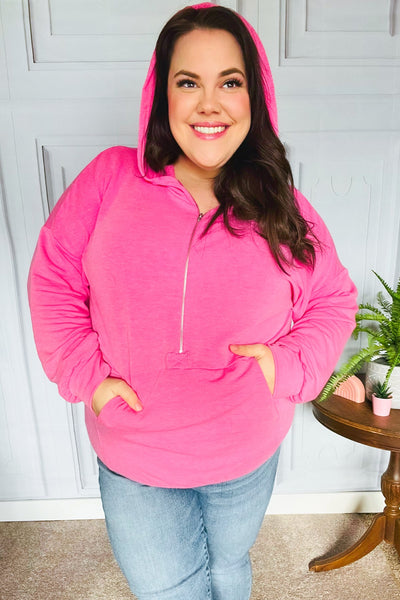 Ready to Relax Hot Pink Half Zip French Terry Hoodie