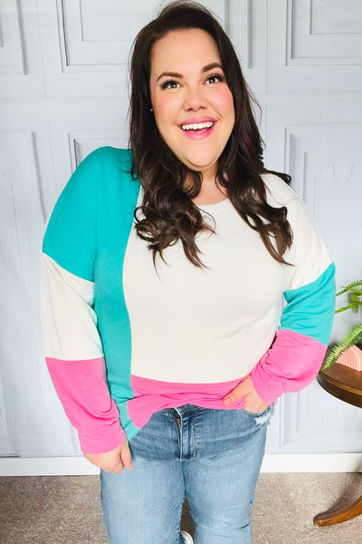 The Slouchy Mint & Pink Drop Shoulder Terry Color Block Top