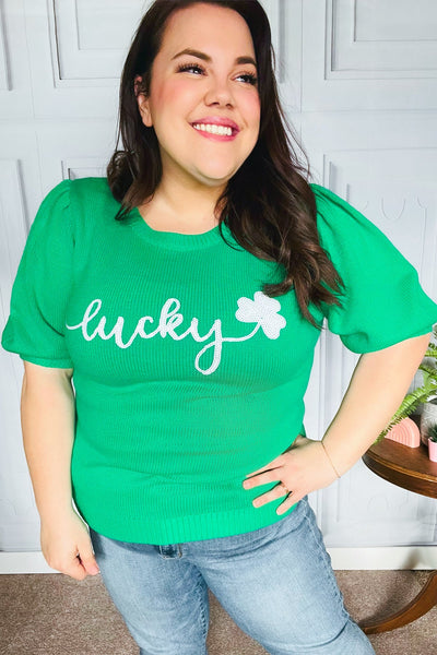 Lucky Lady Shamrock Green Sequin Puff Sleeve Knit Sweater Top