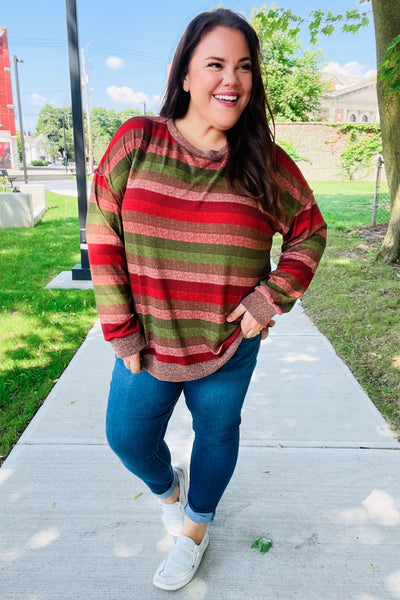 Perfectly You Olive & Mauve Stripe Two-Tone Banded Sweater Top