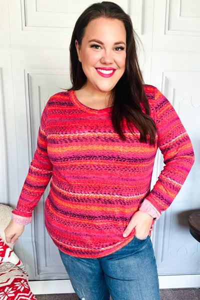 Be Bold Flame & Magenta Striped Cable Knit Print Hacci Top