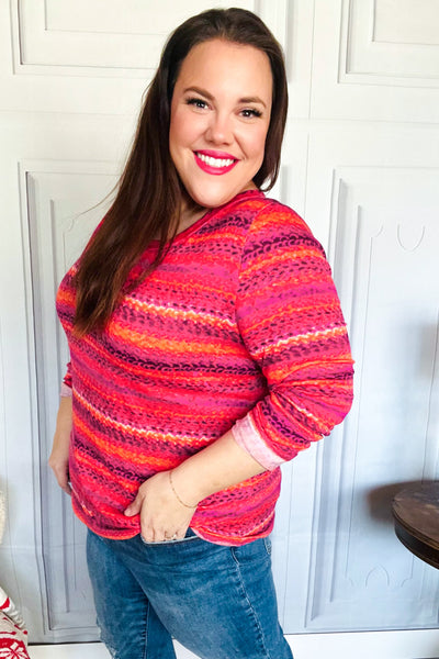 Be Bold Flame & Magenta Striped Cable Knit Print Hacci Top