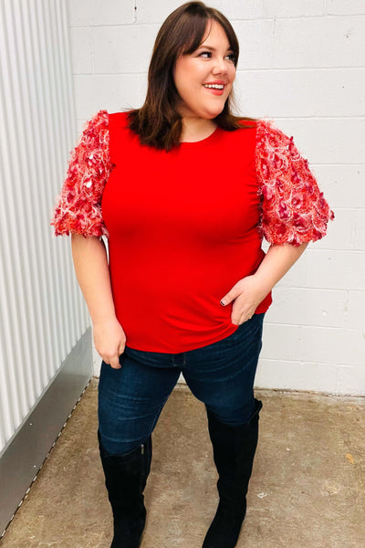 Come To Me Red Sequin Puff Short Sleeve Top