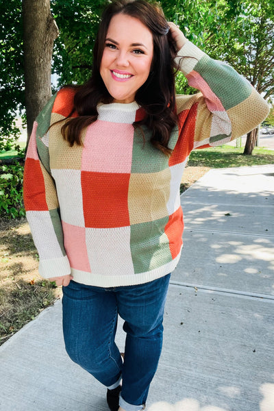 Be Bold Ivory & Rust Checker Jacquard Knit Sweater