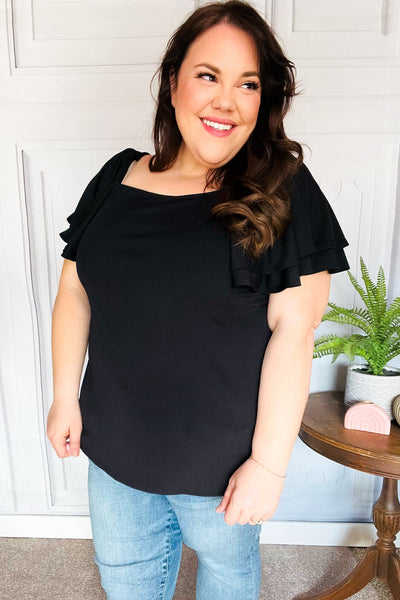 Feel The Love Black Double Ruffle Sleeve Square Neck Ribbed Top