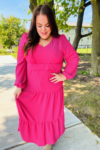 Beautiful You Berry Pintuck Detail Frill V Neck Maxi Dress