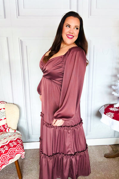 Holiday Vibes Wine Satin Front Overlap Smocked Back Maxi Dress