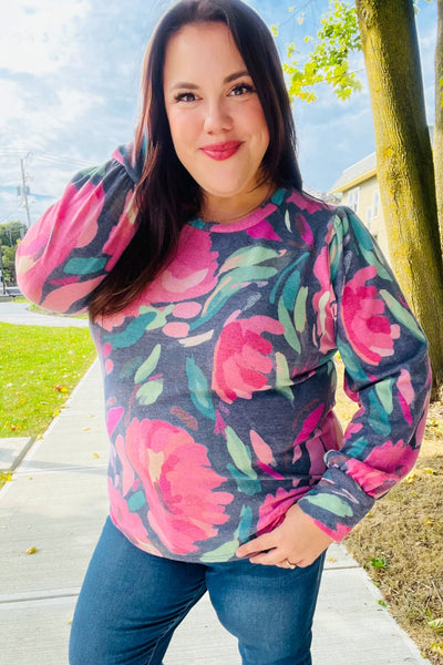 On My Heart Navy Floral Brushed Hacci Sweater Top