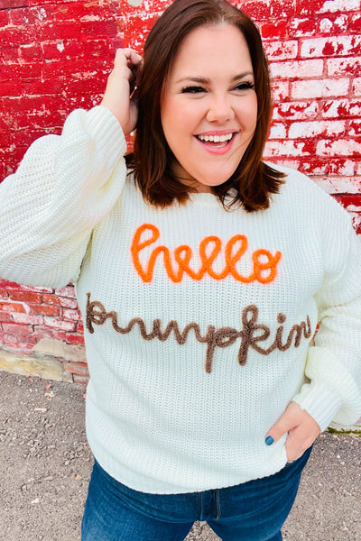 Cream Embroidered Neon "Hello Pumpkin" Chunky Sweater