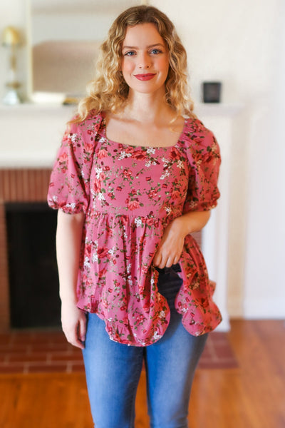 Just So Sweet Dusty Rose Floral Print Smocked Puff Sleeve Top