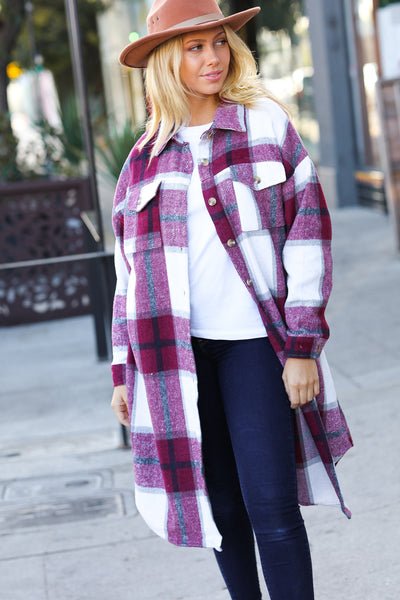 Eyes On You Burgundy Plaid Longline Jacket