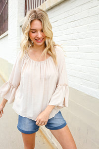 Boho Beautiful Beige Elastic Neck 3/4 Ruffle Sleeve Peasant Top