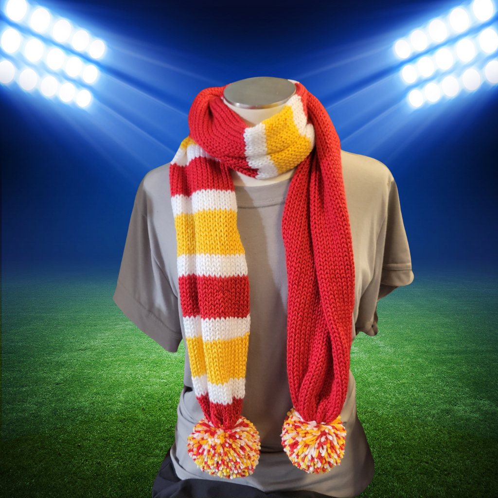 Team Spirit -Red/White/Gold Country Craft Barn Pom Pom Scarf (SC-1040)