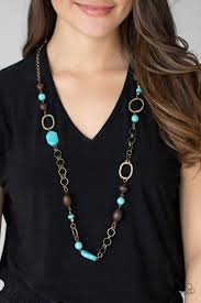 Prairie Reserve - Brass Turquoise Wooden Accent Necklace - Paparazzi (PZ-3661)