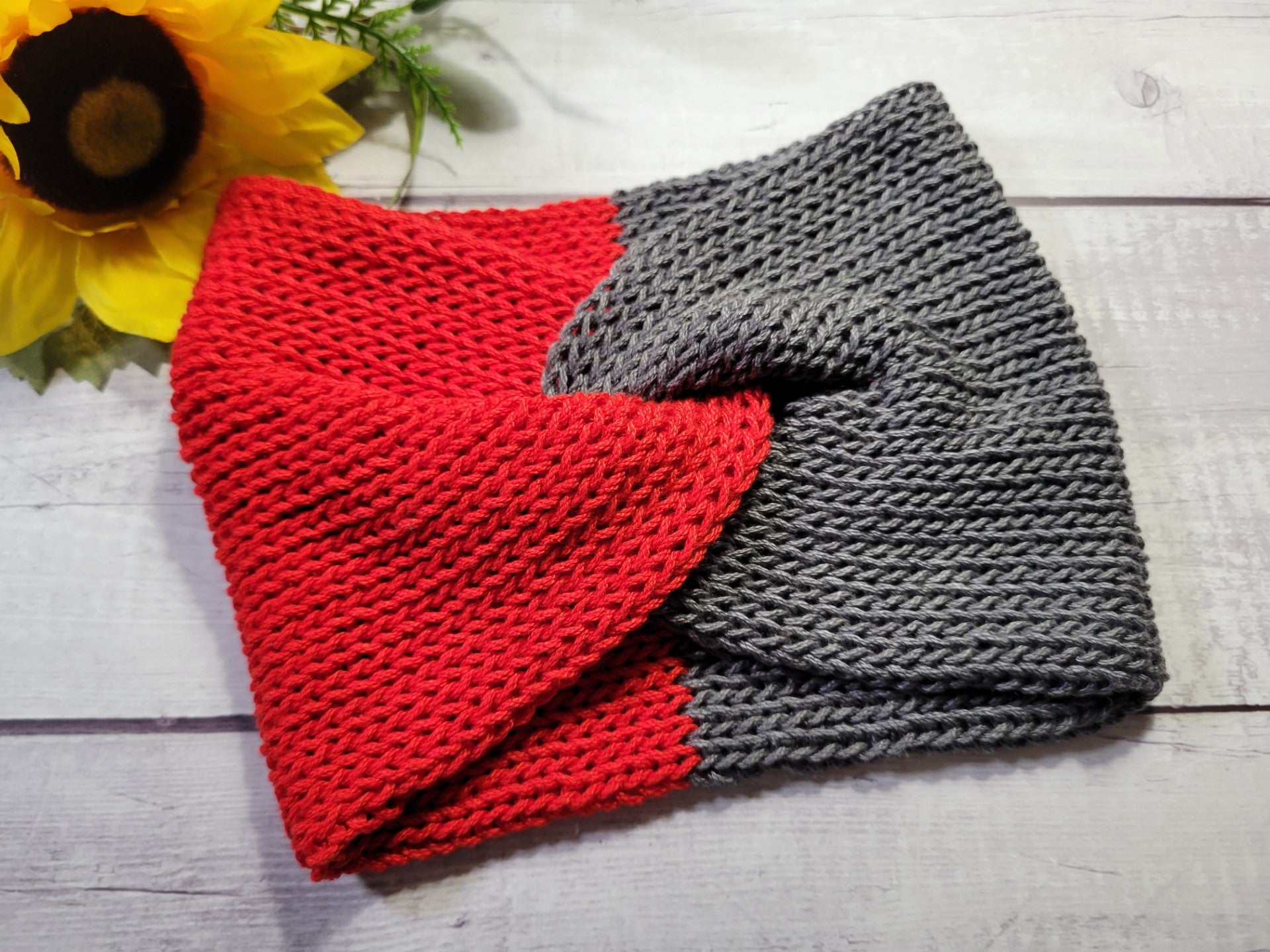 Cross Knit Hat - Red/Gray - Country Craft Barn Headband (HB-904)