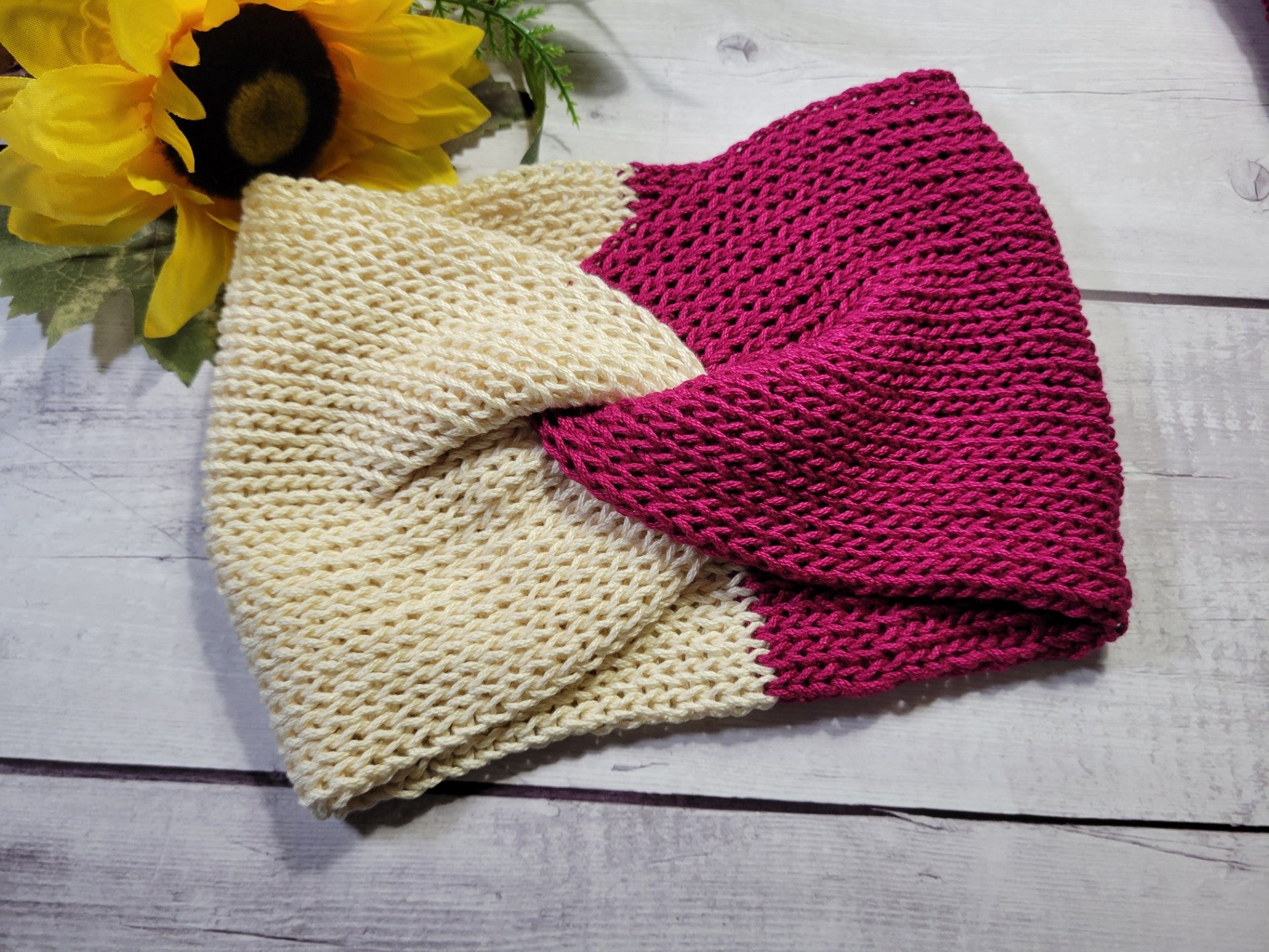Cross Knit Headband - Burgundy/Cream - Country Craft Barn Headband (HB-906)